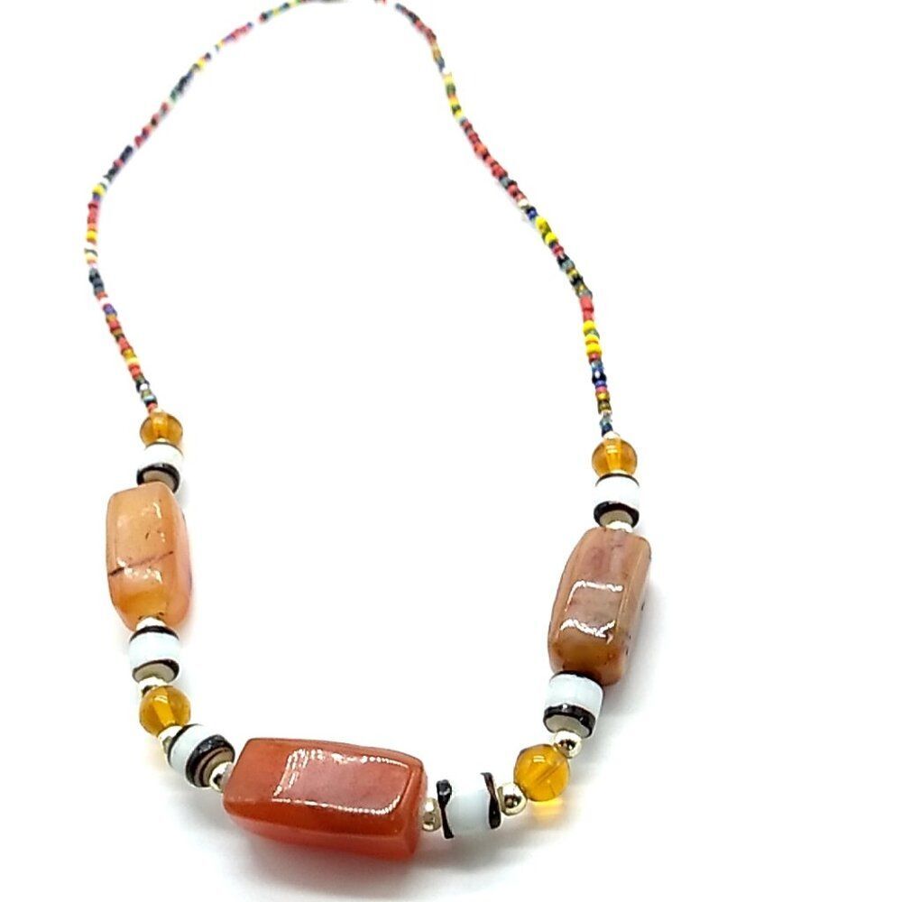 Native American Style Seed Bead and Agate Necklace With Silver and Glass Beads